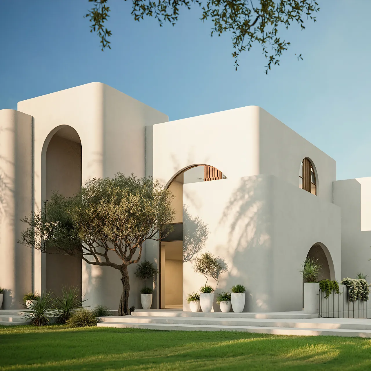 Modern Mediterranean house facade in Dubai with rounded white volumes, arched openings, tall windows, pale terrace flooring, garden planting, and palm landscaping.