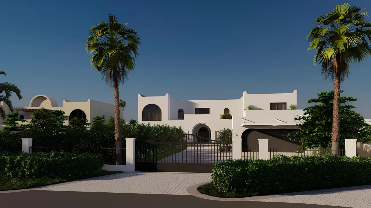 Modern Mediterranean villa front entrance in Dubai with white arched architecture, entrance gate, driveway, palm trees, layered greenery, and landscaped garden approach.