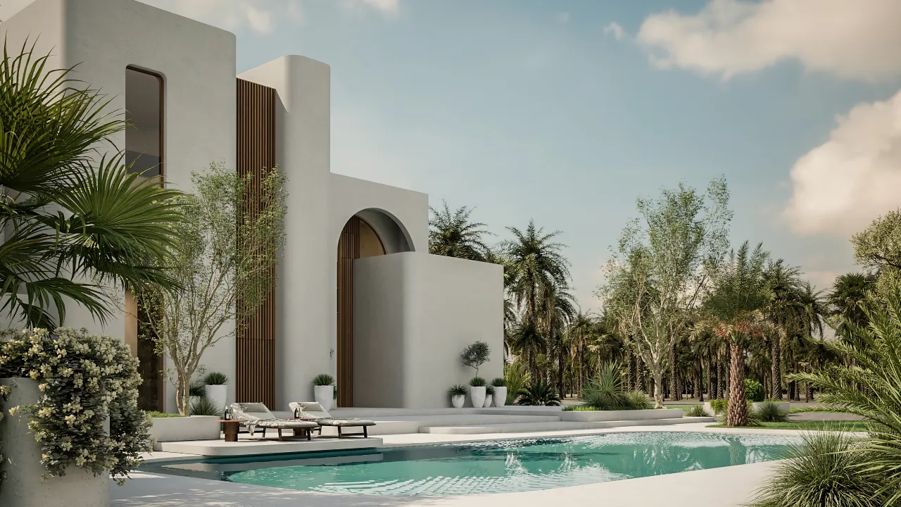 Pool terrace beside a modern Mediterranean villa with white architecture, rounded walls, arched openings, timber screen, palm trees, garden planting, and pale paving.