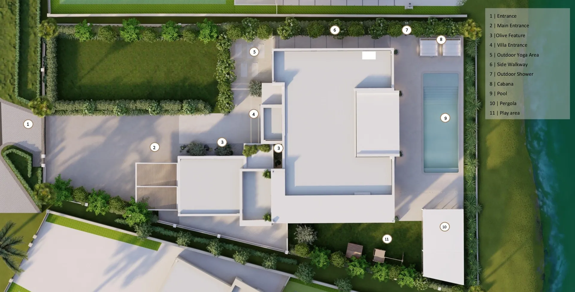 Luxury Villa Landscape Design Master Plan Luxury Villa Landscape Design Master Plan with an entrance, feature sculptural pieces, outdoor activity areas & patio, glass room and play area.