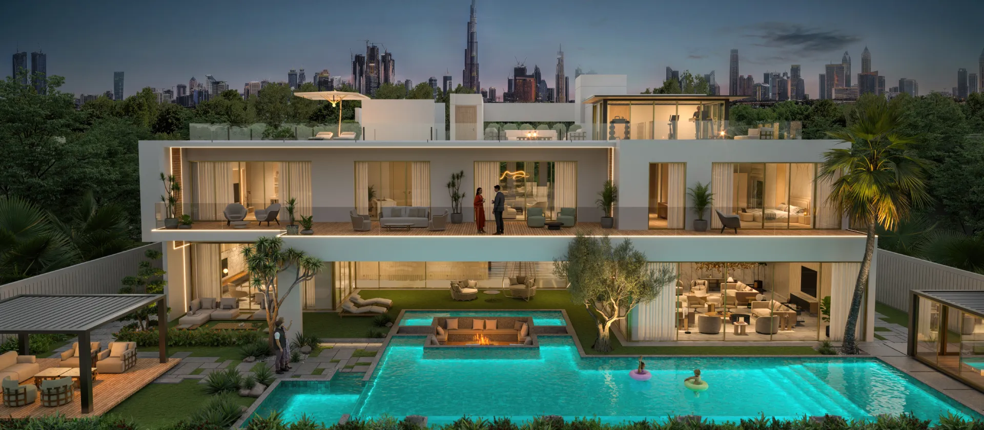 Luxury villa landscape with seating, a glass room, palm planting, lawn areas, pergola lounge, and an illuminated swimming pool with Dubai skyline views.