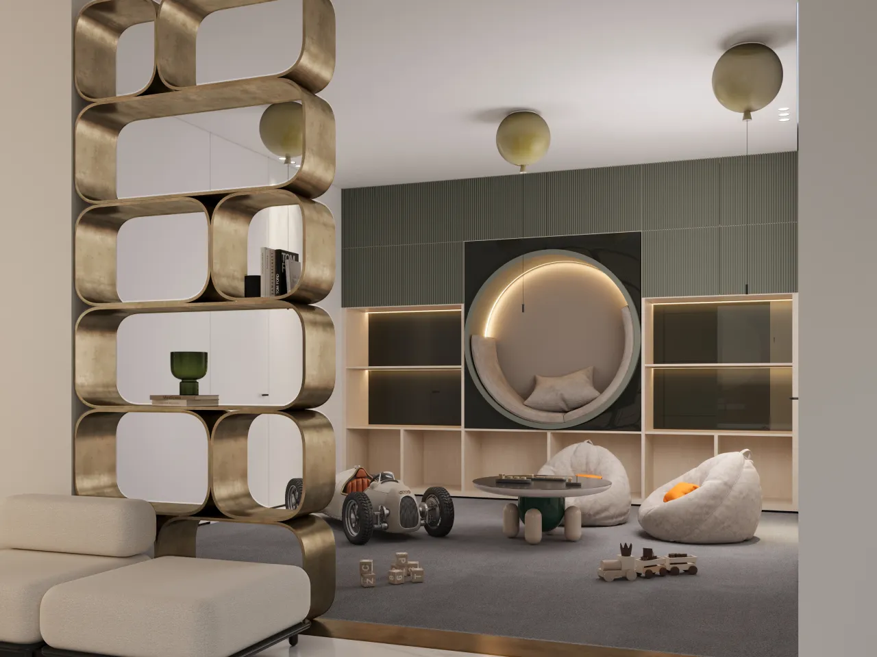 تصميم داخلي حديث لغرفة ألعاب أطفال مع رفوف منحوتة وكراس بين باج وسيارات ألعاب وطاولة دائرية وركن قراءة مضاء بشكل دائري