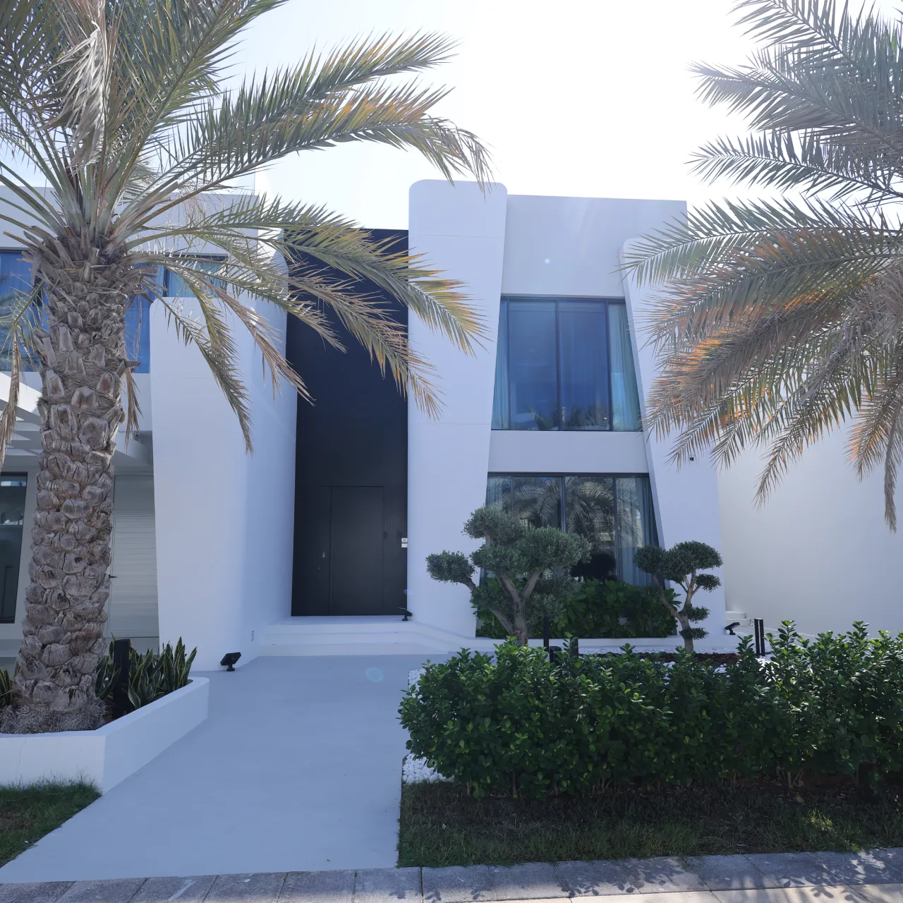 Modern white villa entrance framed by palm trees, with a black front door, large windows, trimmed shrubs, low planting, and a clean walkway.