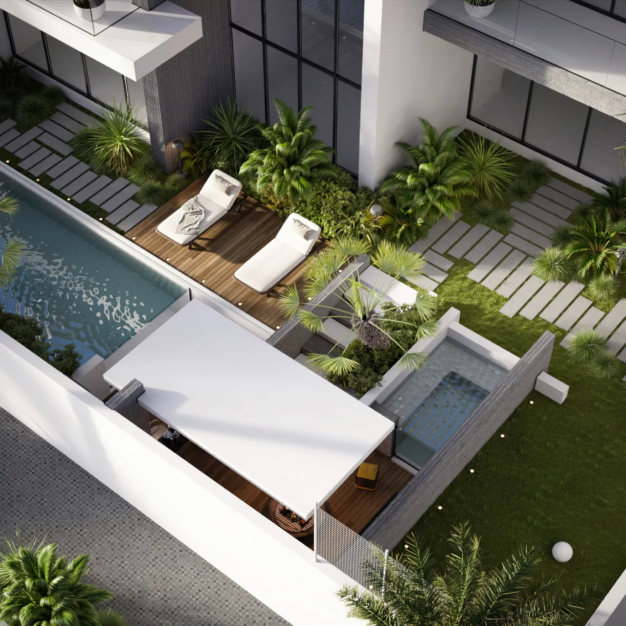 Modern Villa Backyard Landscape with Pool, Sun Deck, and Pergola Aerial view of a modern villa backyard with a swimming pool, timber sun deck, lounge chairs, pergola, stepping-stone paths, lawn, and tropical planting.
