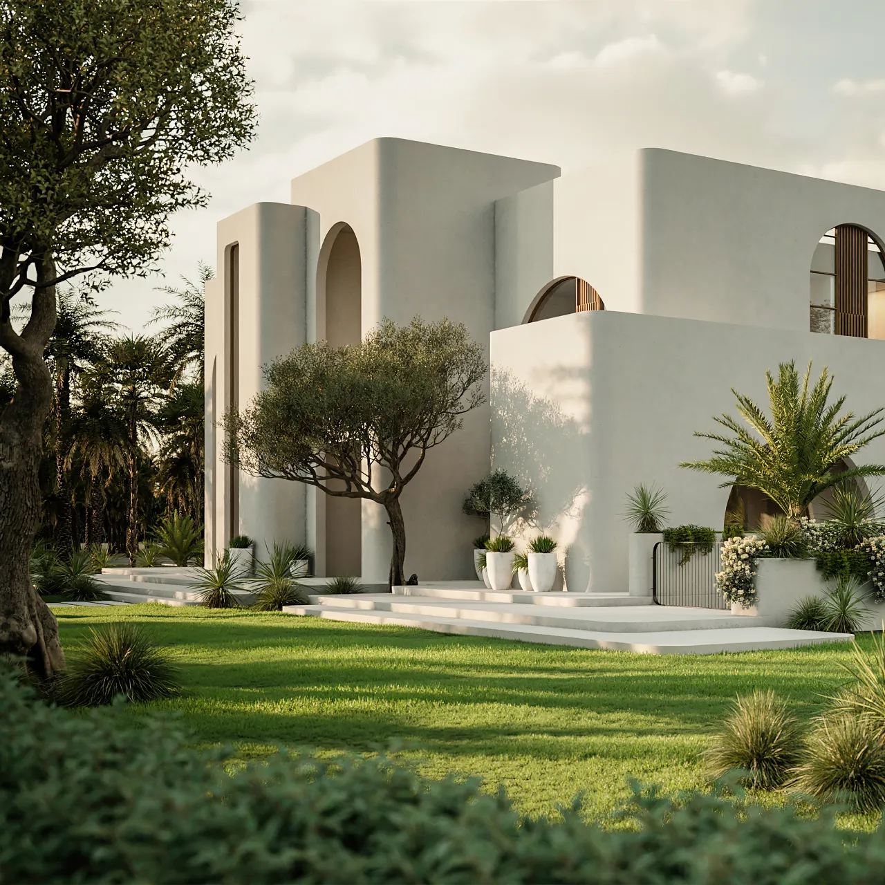 Modern Villa Entrance Landscape with Olive Tree and Layered Planting Modern white villa entrance with an olive tree, palms, flowering plants, sculptural greenery, broad lawn, and curved architectural openings.