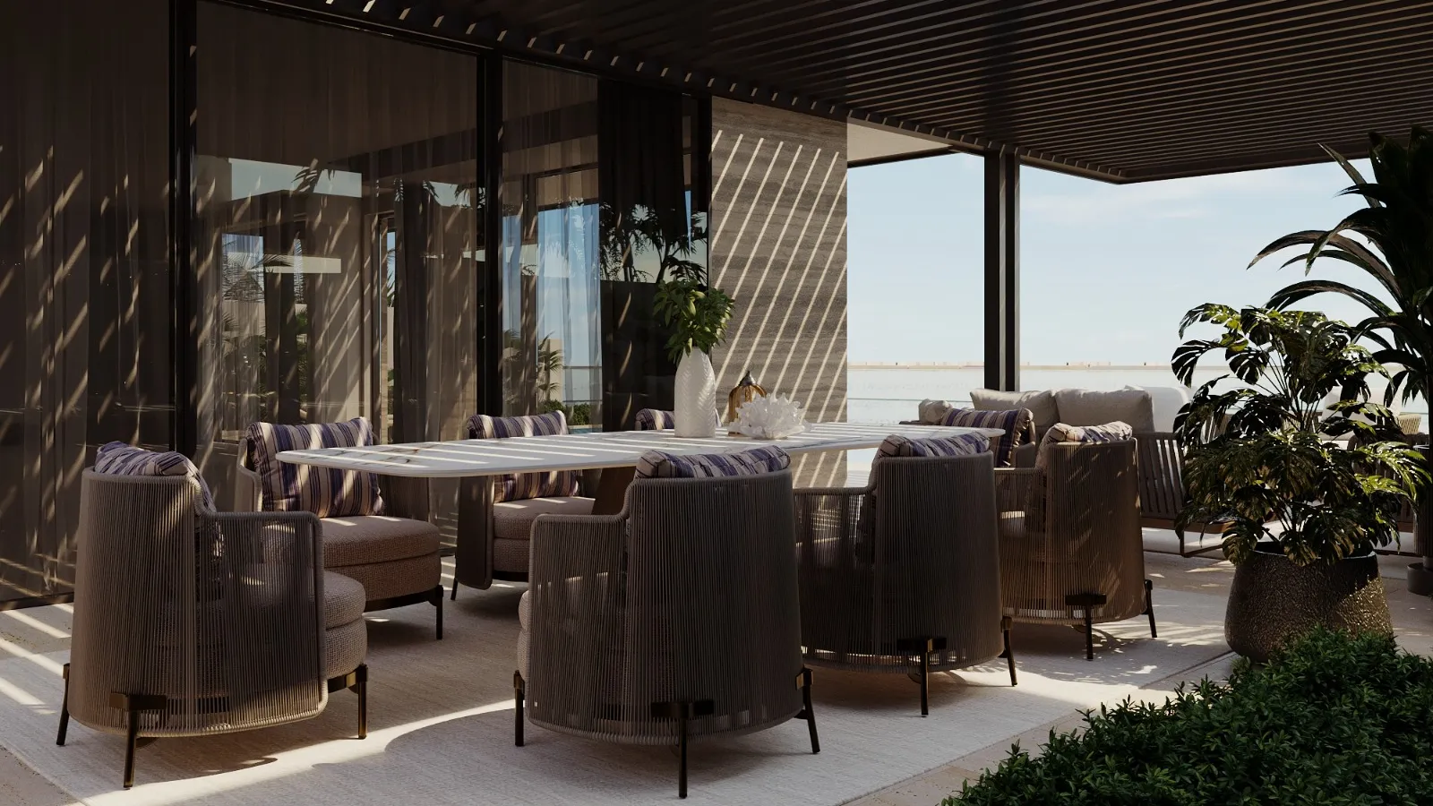 Outdoor dining area for a house terrace with modern dining set under a modern pergola Modern outdoor dining area on a house terrace, featuring a contemporary dining set beneath a pergola.