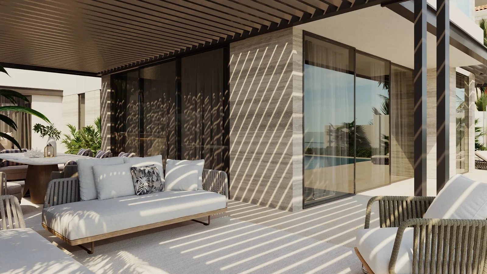 Modern outdoor seating area on a side terrace patio, featuring chairs and a sofa beneath a pergola.