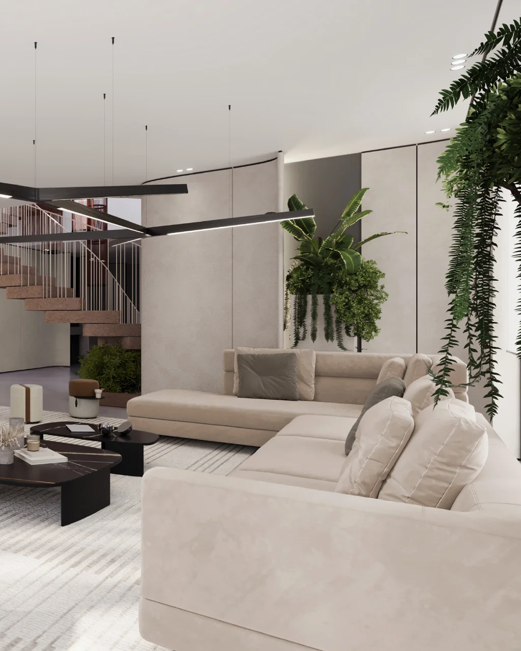 Close-up of modern living room with cream sectional sofa, black linear chandelier, tropical indoor plants, sculptural coffee tables, and staircase background