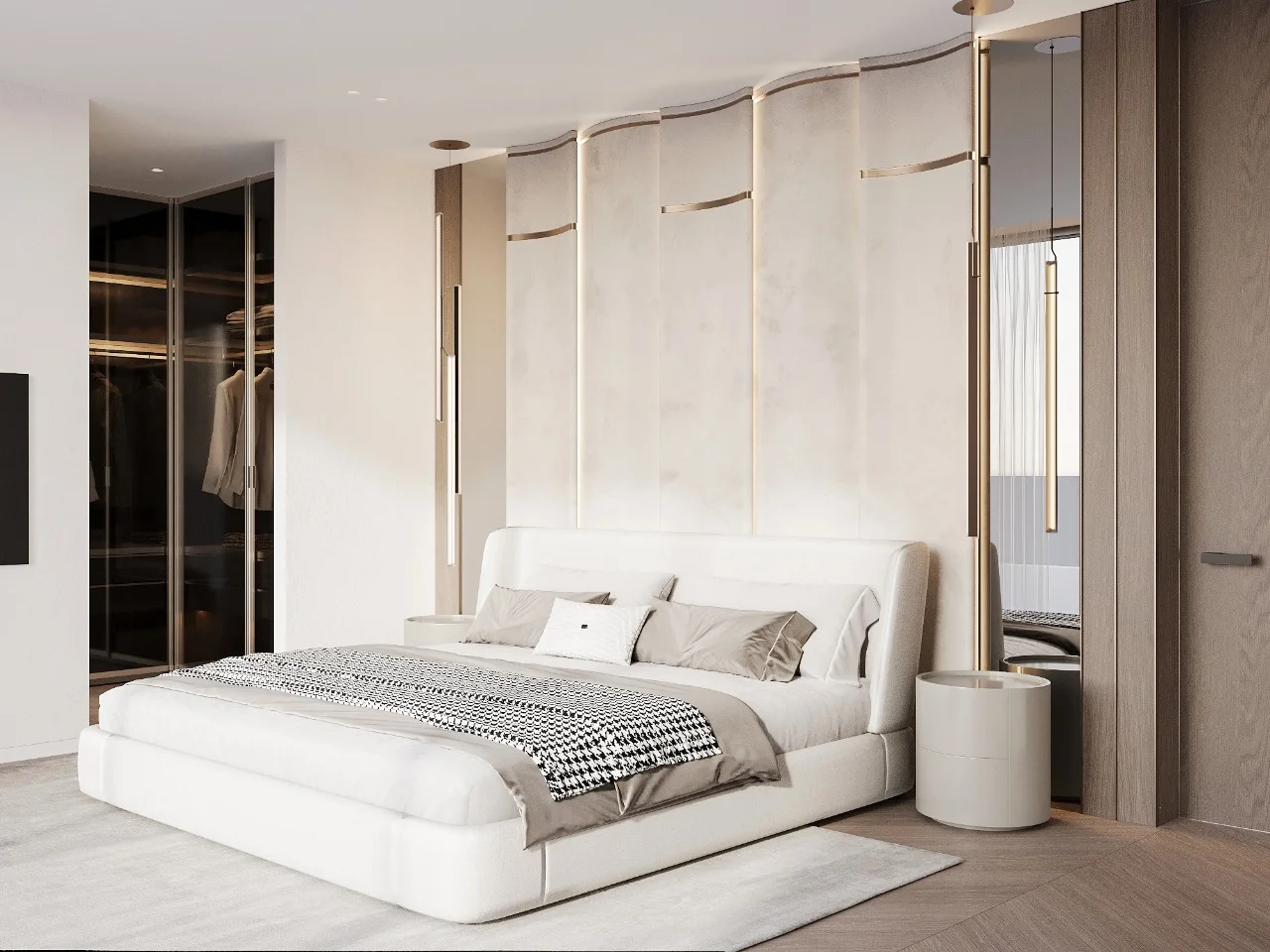Contemporary bedroom with a white upholstered bed, illuminated curved wall panels, mirrored accents, pendant lights, timber finishes and a glass-fronted wardrobe.