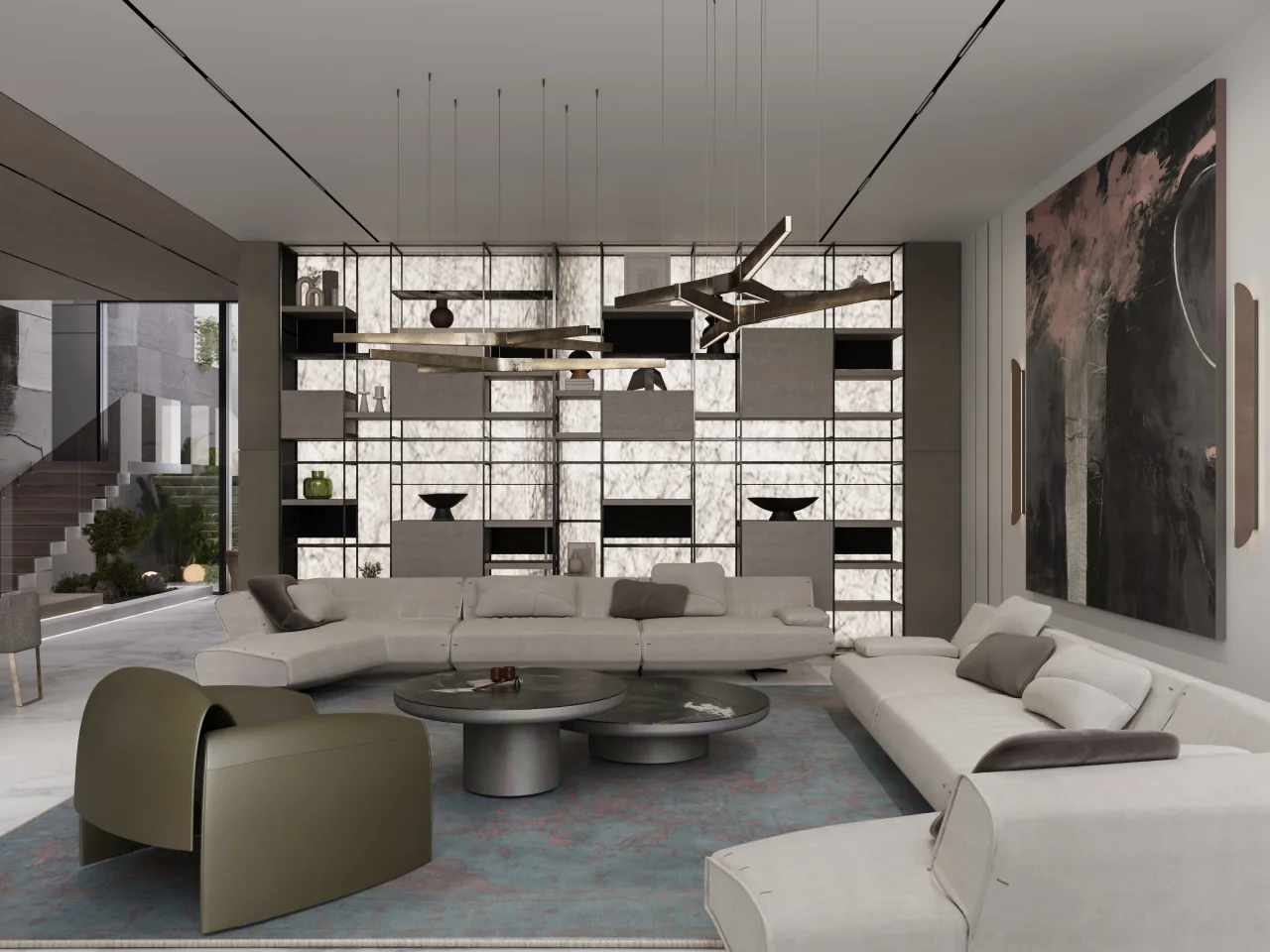 Contemporary living room design with backlit display wall, white modular sofas, sculptural linear chandelier, dark coffee tables, large artwork, and garden-side glazing