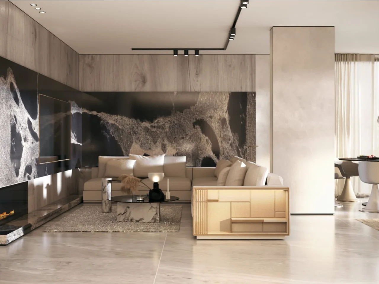 Contemporary TV lounge interior design with dark stone feature wall, integrated television, linear fireplace, cream seating, wood panels, track lighting, and dining area view
