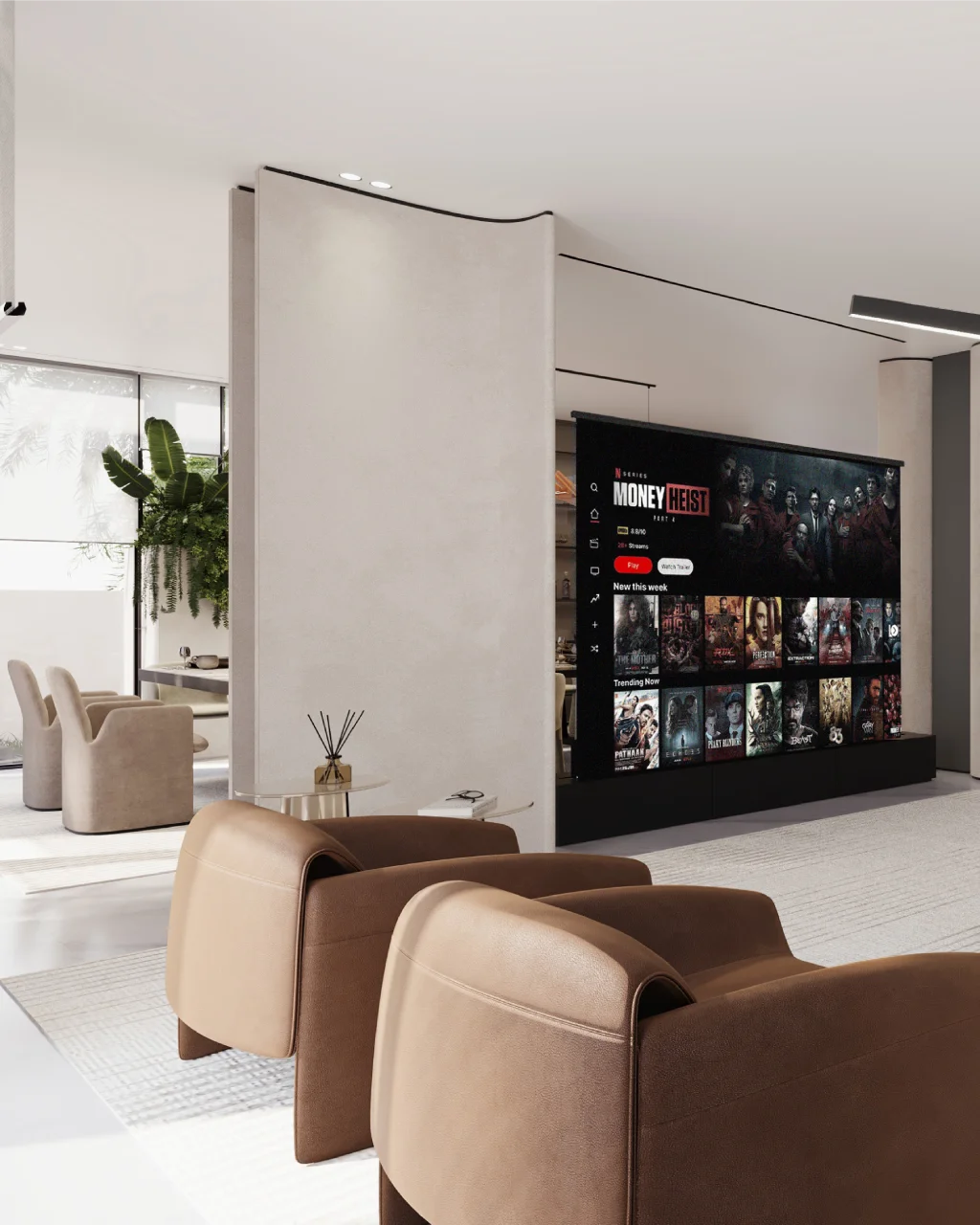 Curved TV lounge with caramel leather armchairs, dark media wall, cream plaster partitions, soft curtains, indoor plants, and modern ceiling lighting