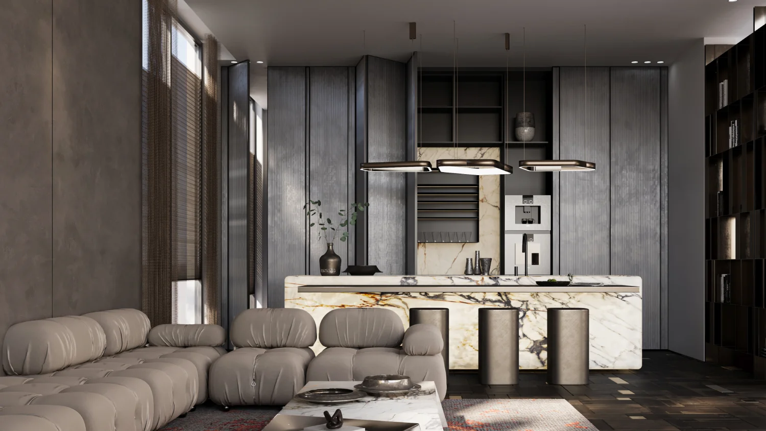Dark contemporary lounge interior design with taupe padded modular seating, dramatic marble bar island, ribbed grey cabinetry, oval pendants, dark flooring, and display shelving