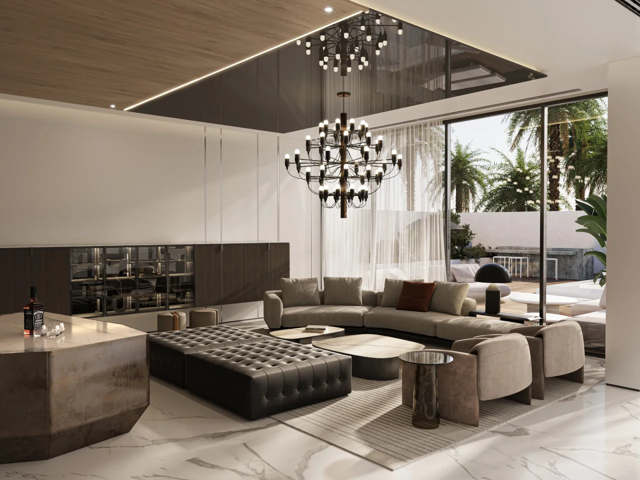 Double-height contemporary lounge with black chandelier, tufted leather ottoman, cream seating, marble floor, bar island, pool terrace view, and tall glazing