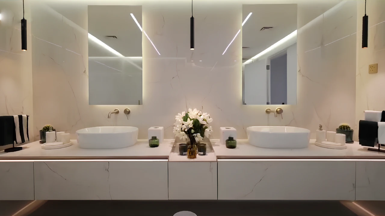Symmetrical double vanity with vessel basins, brass wall-mounted taps and illuminated mirrors in the primary bathroom