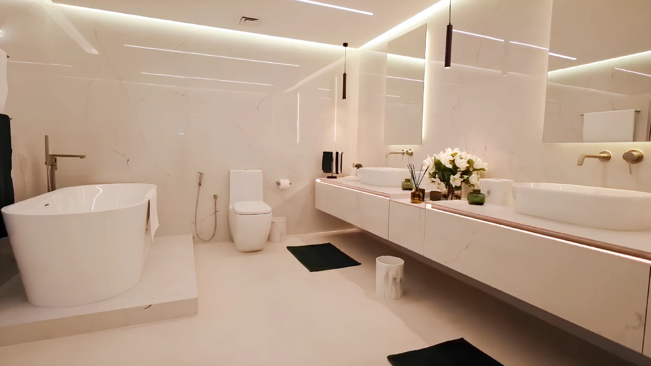 Primary bathroom with freestanding bathtub, double floating vanity, vessel sinks and backlit mirrors in Dubai Marina