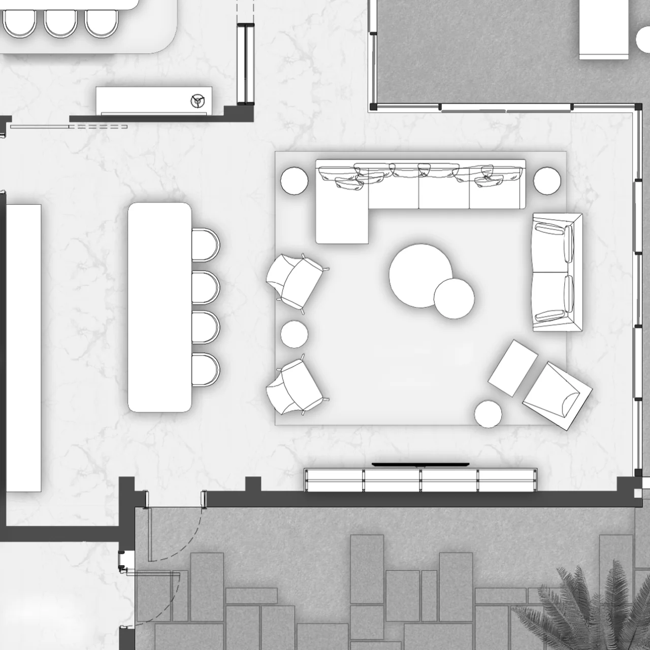 Family living room floor plan with sectional sofa, lounge chairs, round coffee tables, dining zone, terrace access, garden-facing glazing, and outdoor paving