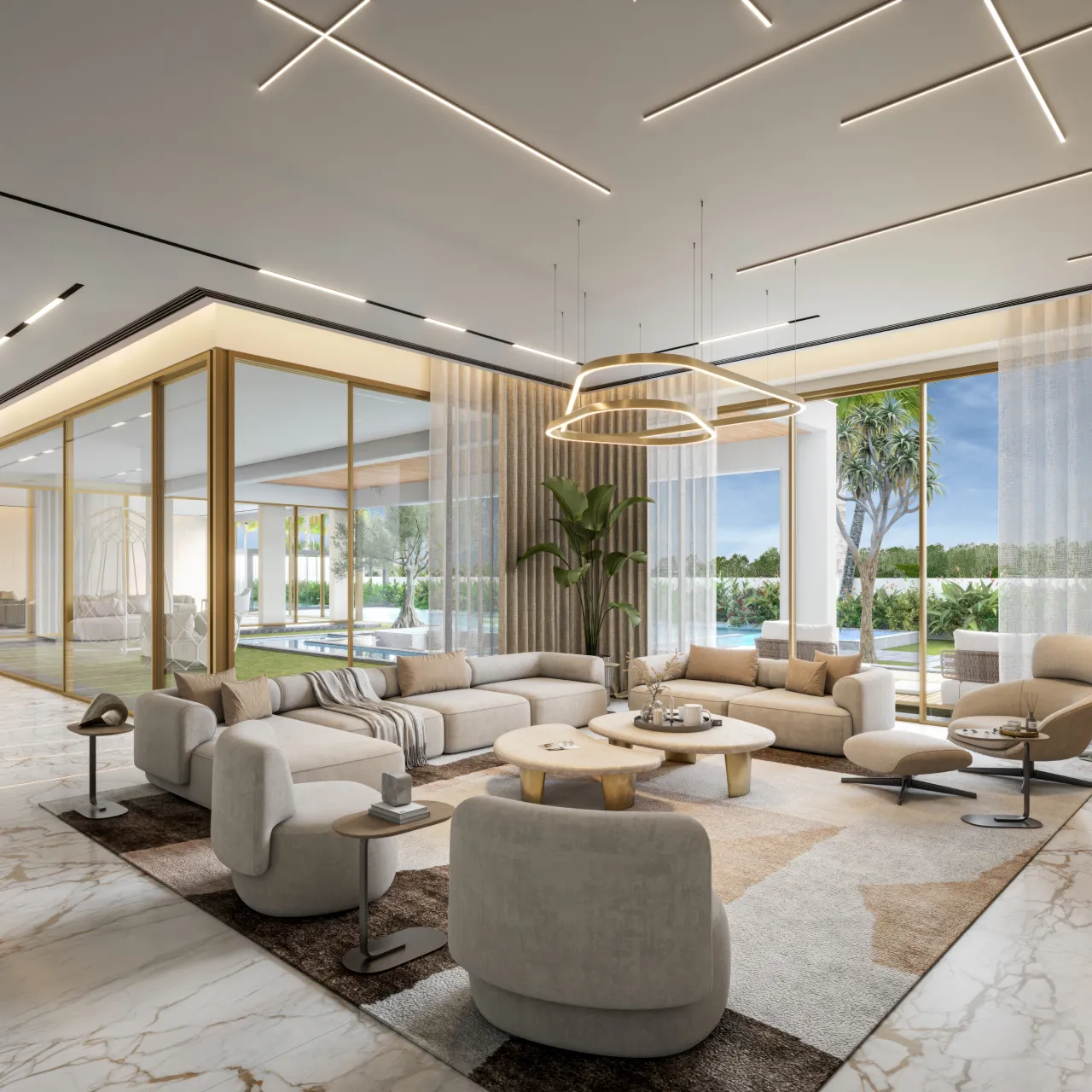 Family living room design with gold-framed glass partitions, linear ceiling lights, cream sectional sofa, sculptural pendant, marble floor, and garden-facing seating