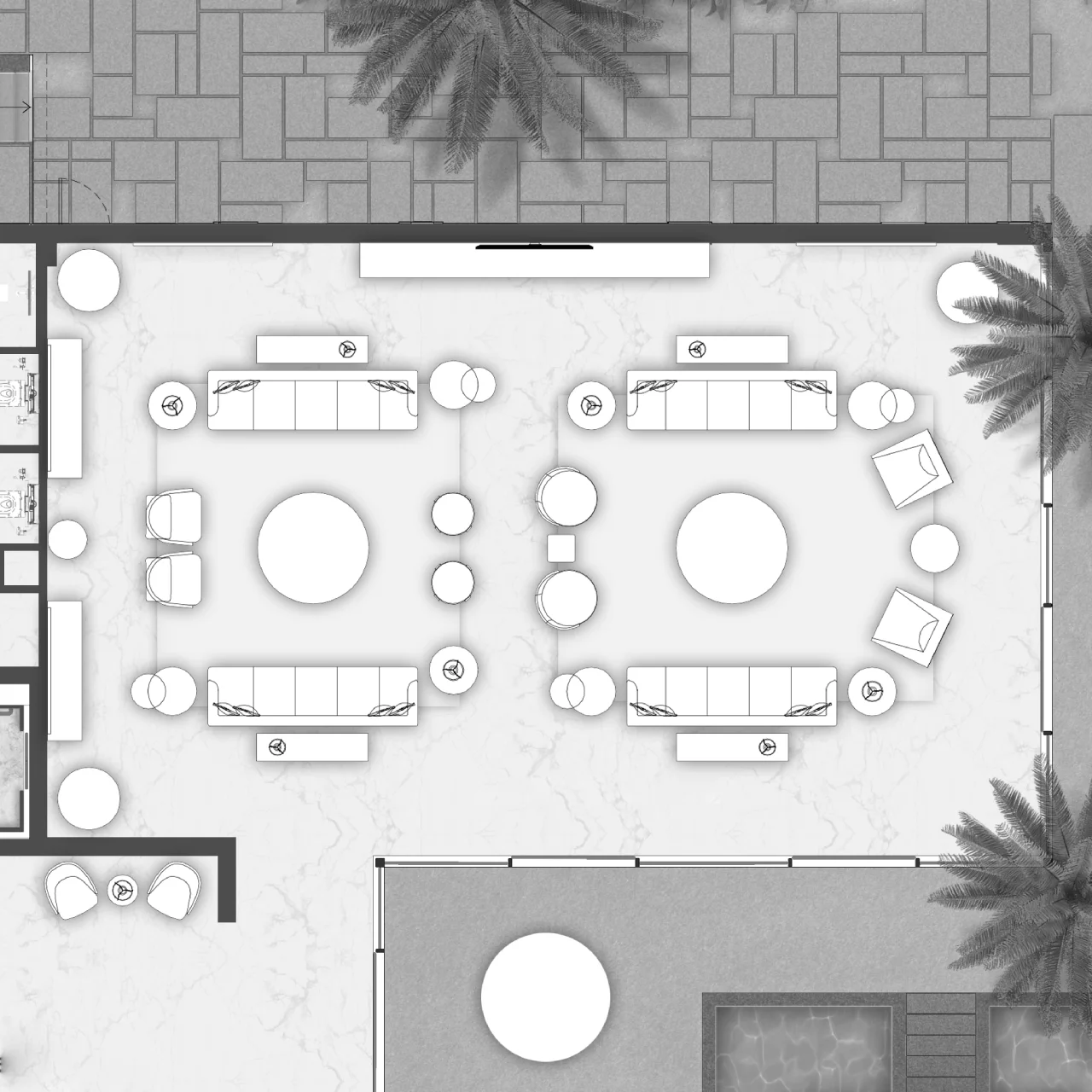 Formal modern majlis floor plan showing two symmetrical conversation seating zones, round coffee tables, long sofas, lounge chairs, garden access, and pool terrace connection