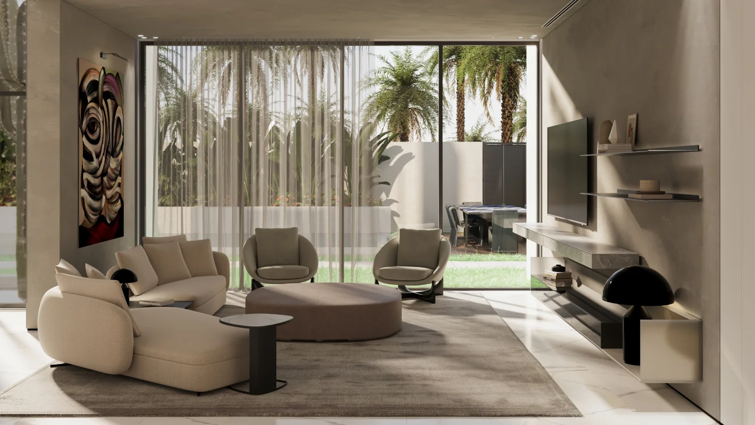 Garden-facing contemporary lounge with curved cream seating, round taupe ottoman, minimal TV wall, floating shelves, abstract artwork, and sheer curtains