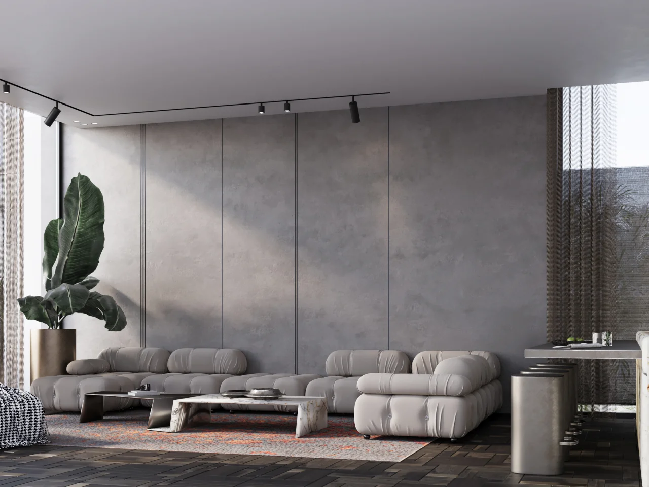 Industrial modern lounge design with textured grey wall panels, taupe modular sofas, dark patterned flooring, marble coffee tables, indoor plant, and bar connection