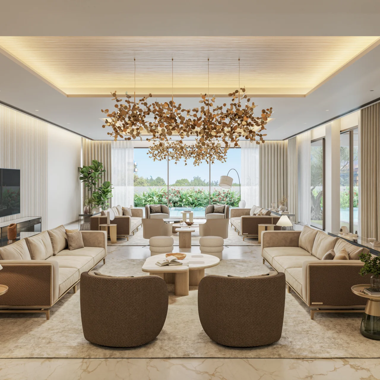 Luxury formal majlis living room design with cream sofas, gold leaf chandeliers, wood-slat ceiling, brass details, layered rugs, garden view, and full-height curtains