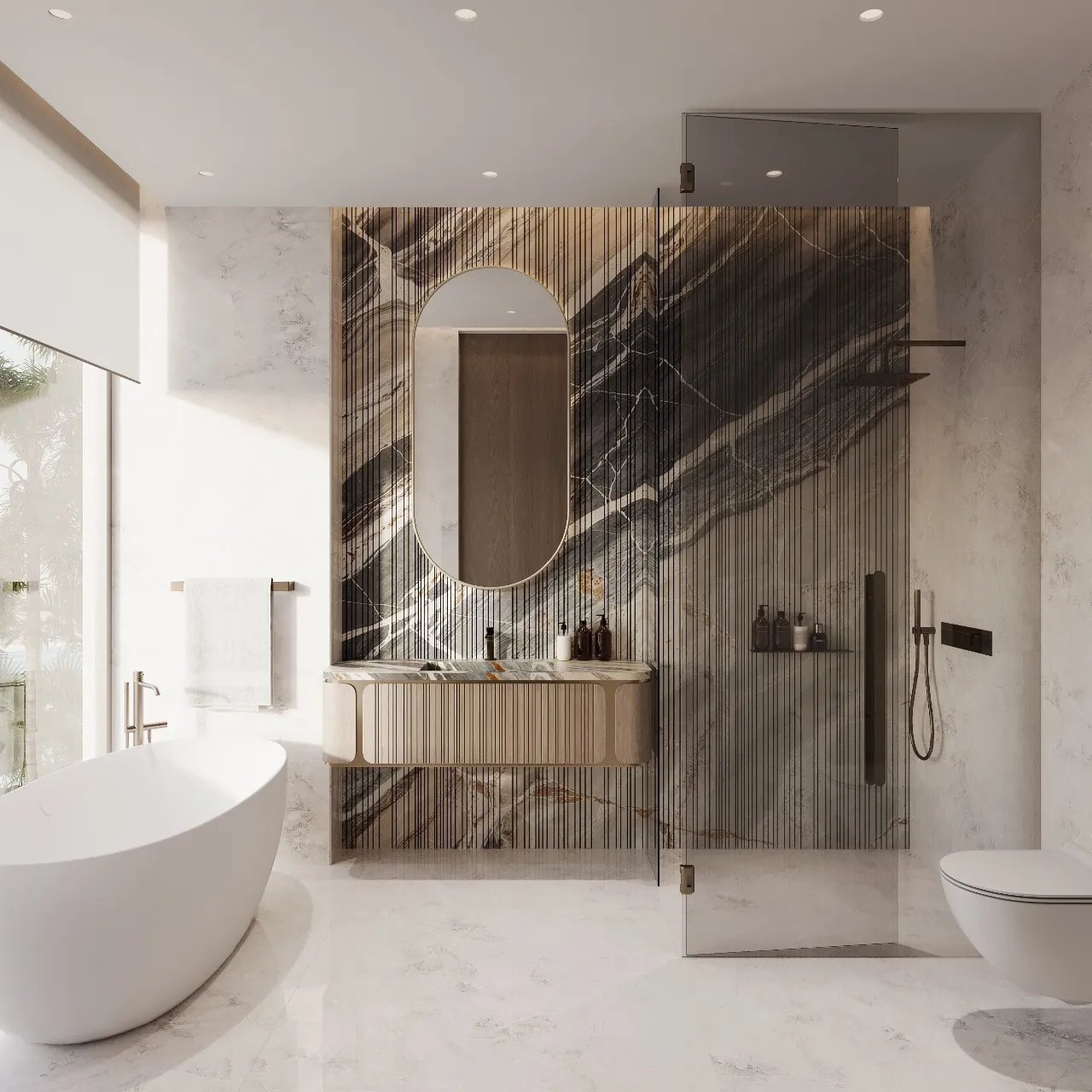 تصميم حمام ماستر فاخر بطابع سبا مع دوش مفتوح وبانيو مستقل وجدار مغسلة رخامي مميز حمام فاخر بطابع سبا مع بانيو أبيض مستقل، جدار مغسلة رخامي مميز، دوش مفتوح، ومرحاض معلق