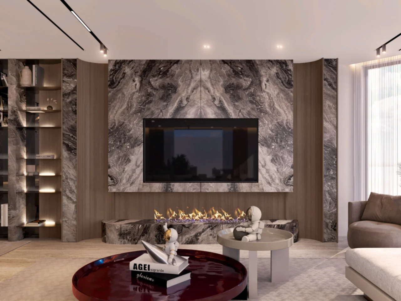 Luxury TV wall with bookmatched grey marble, linear fireplace, warm wood paneling, illuminated shelving, burgundy coffee table, and soft taupe sofa