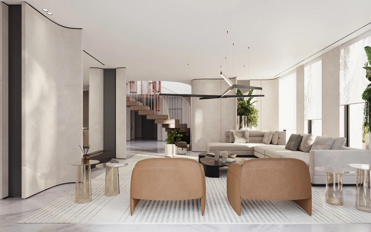 Luxury villa living room with floating staircase, curved feature walls, cream sectional sofa, caramel lounge chairs, black coffee tables, and tall garden-facing windows