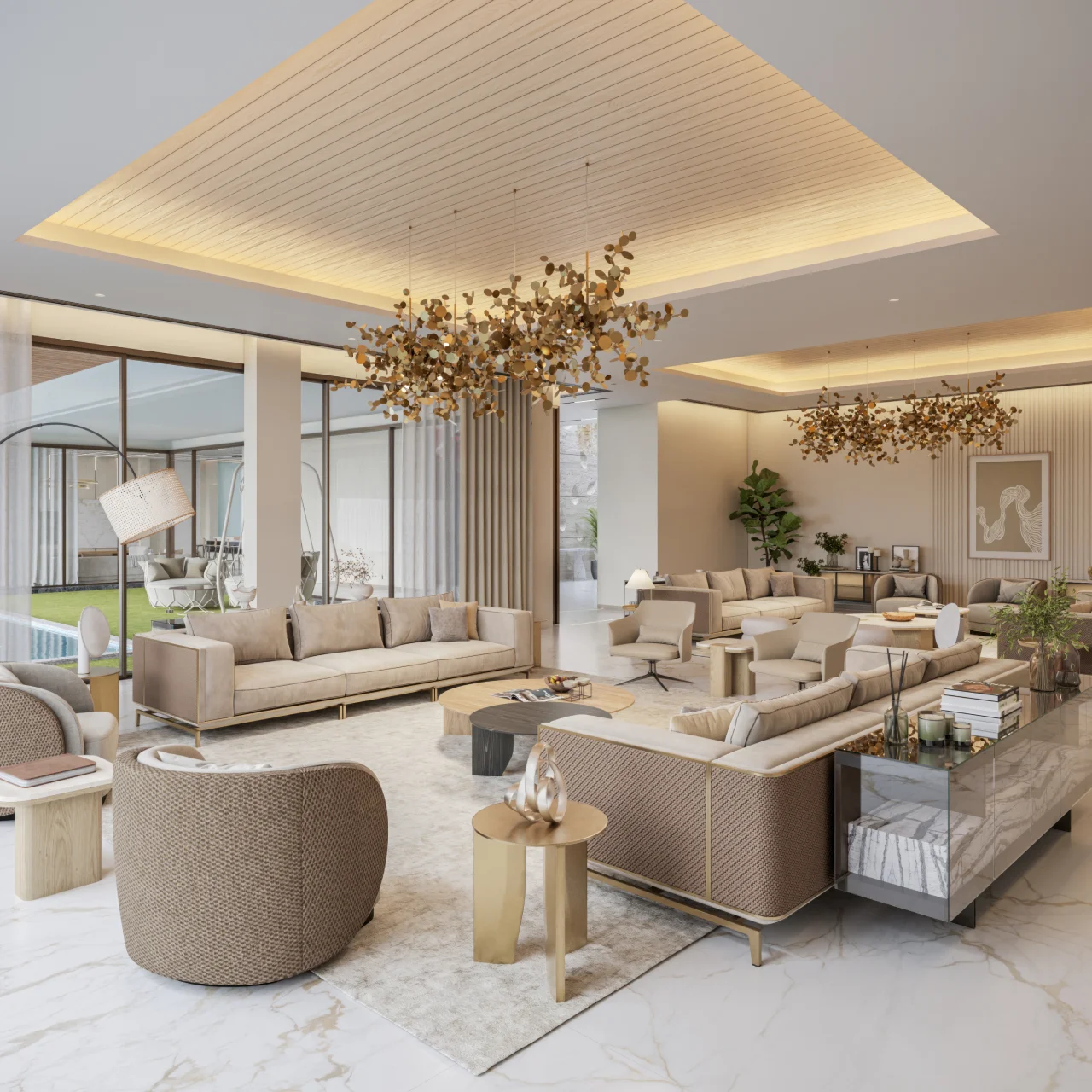 Majlis style formal living room design with layered cream seating, brass chandeliers, marble flooring, woven sofa details, pool view, and warm ceiling lighting
