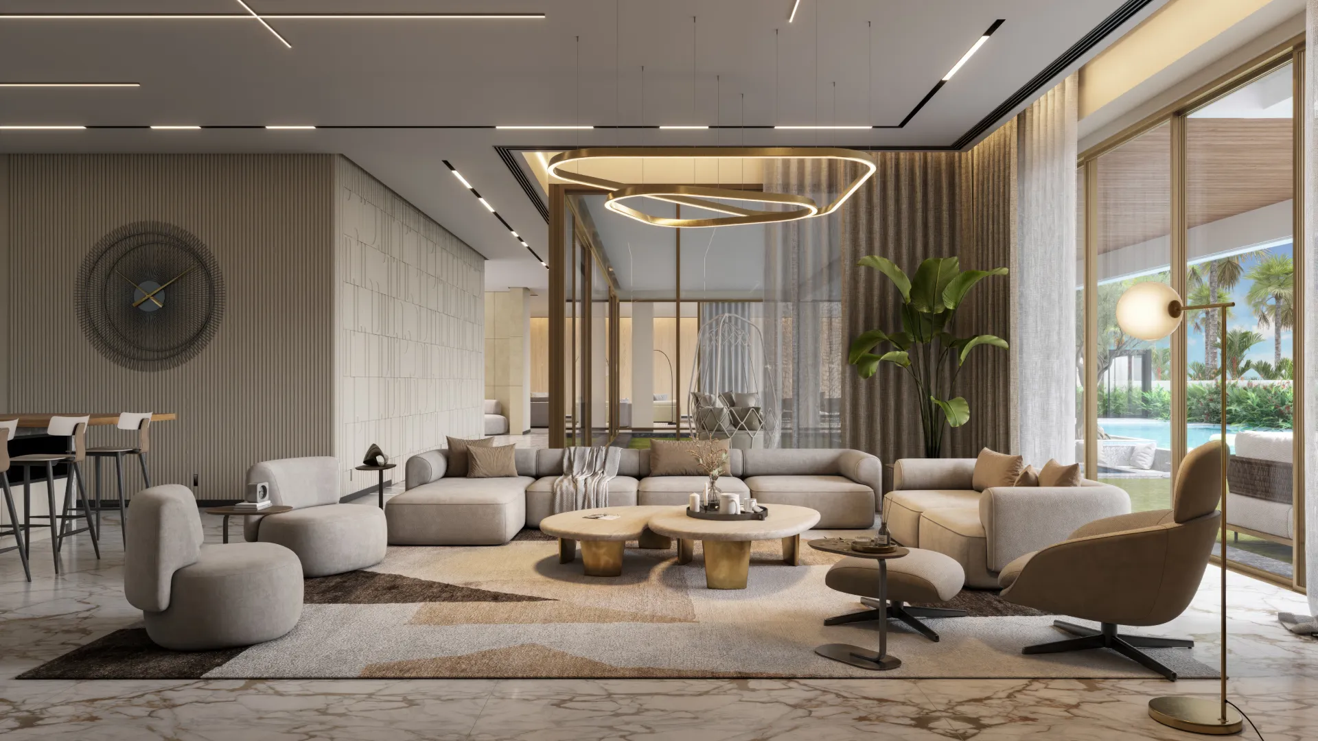 Modern family living room for a Sobha Hartland luxury house with gold-framed glass partitions, cream sectional sofa, sculptural ring pendant, pool view, and abstract rug