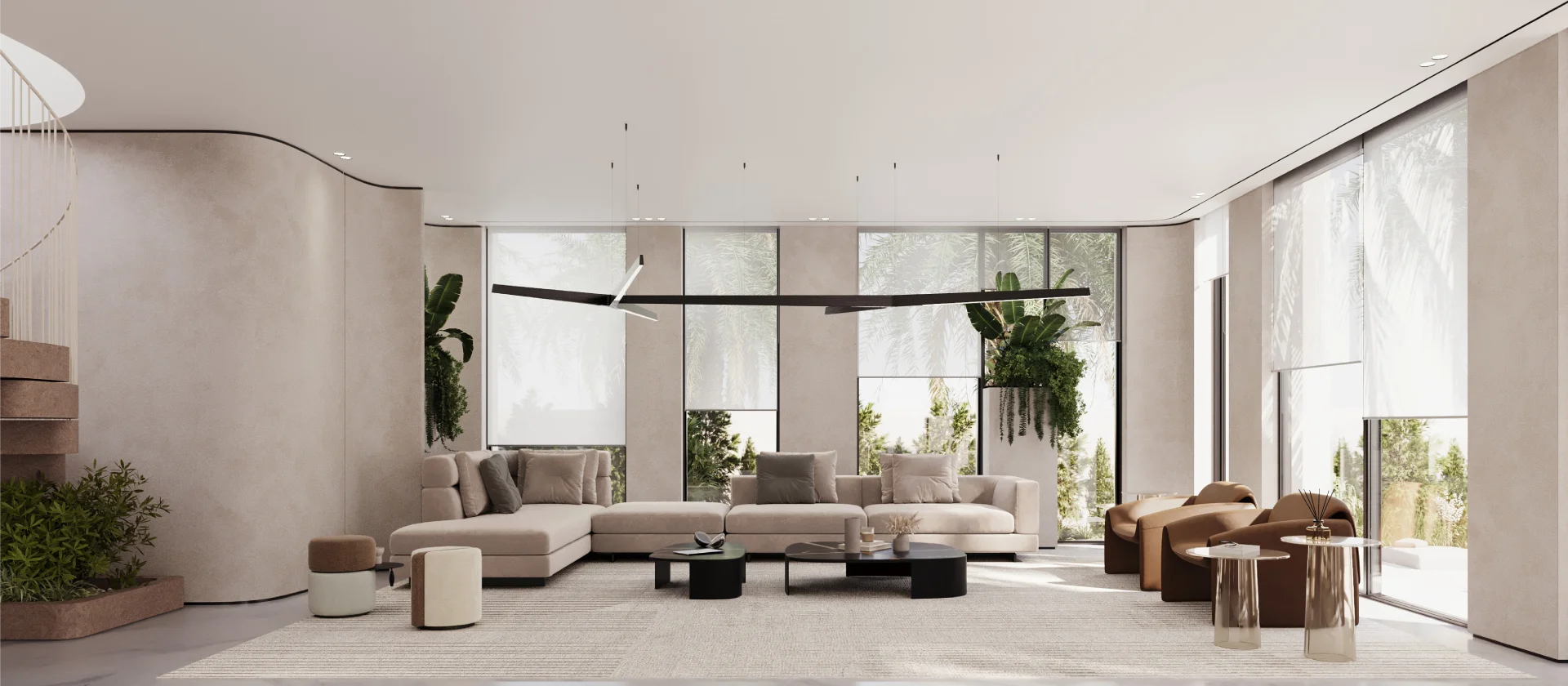 Open-plan contemporary living room for Jumeirah Golf Estates house with cream sectional sofa, curved plaster walls, black linear chandelier, indoor greenery, and garden views
