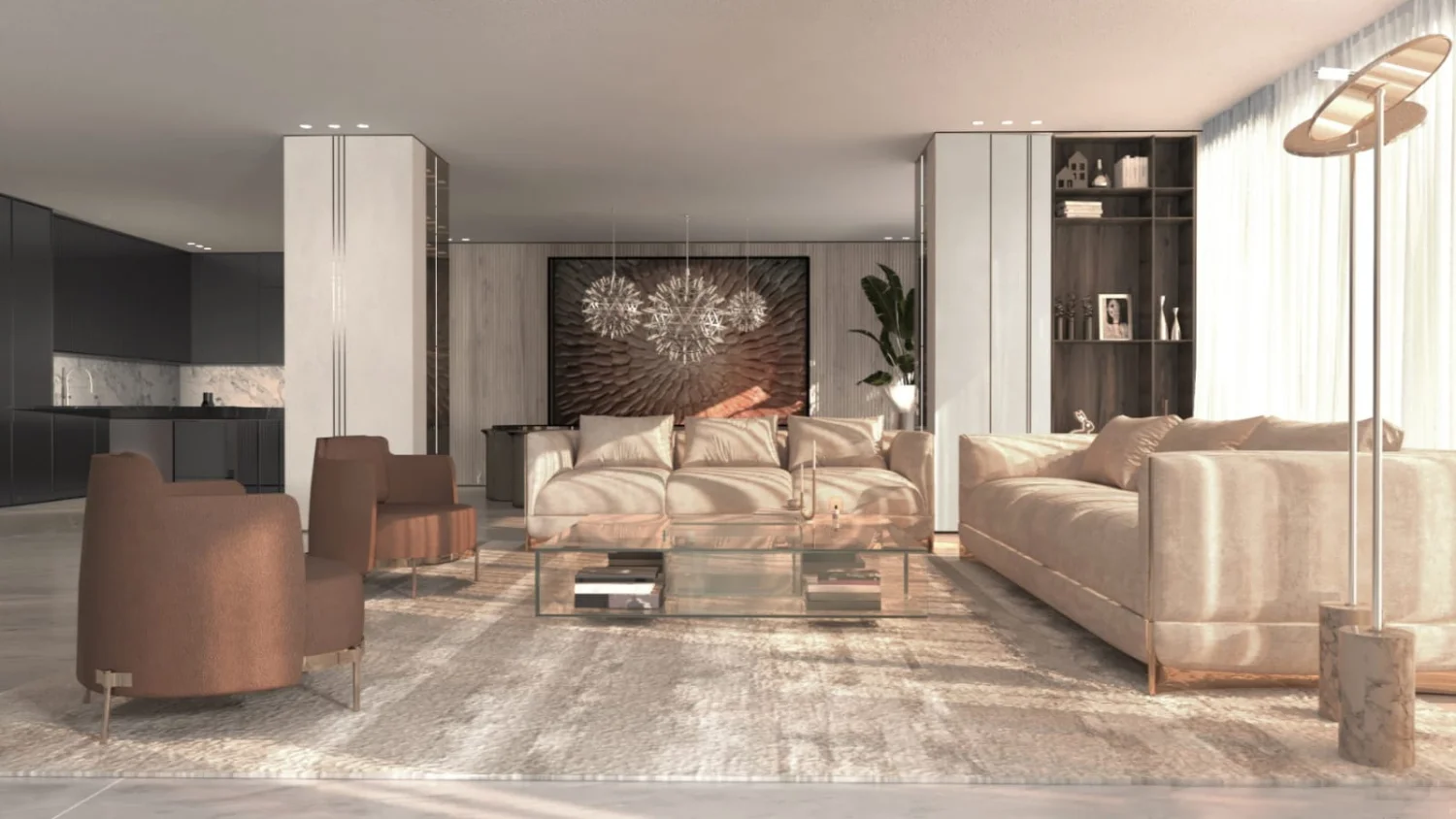 Warm open-plan living room design with glass coffee table, cream sofas, brown lounge chairs, sculptural chandeliers, integrated dark kitchen, and textured wall art
