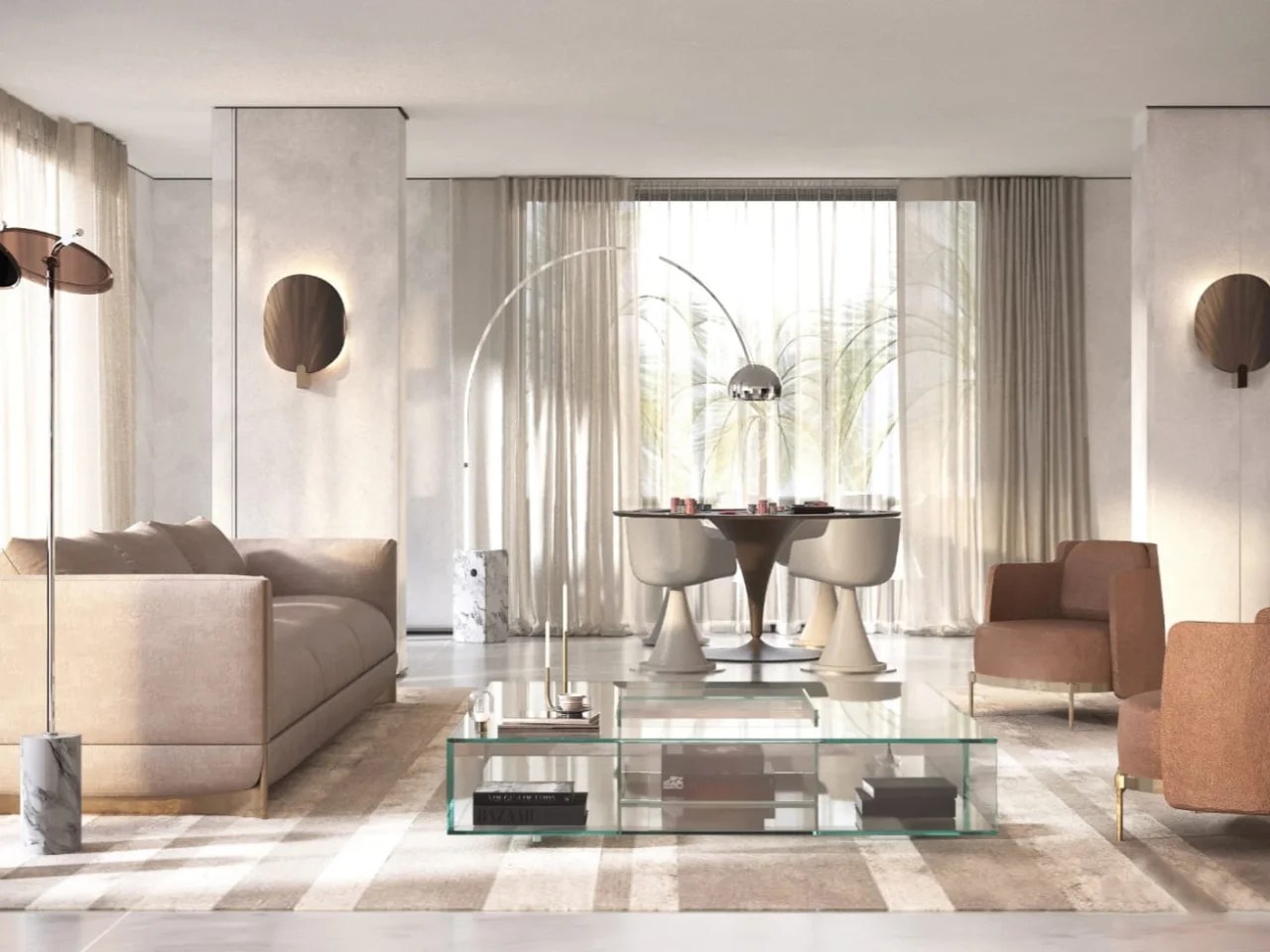 Soft neutral living room design with glass coffee table, peach accent chairs, pale sofa, warm wall sconces, arched floor lamp, and dining area view