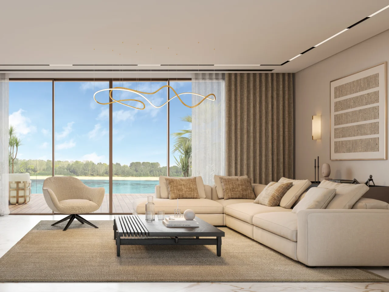Warm waterfront family lounge interior design with cream sectional sofa, black coffee table, woven lounge chair, sculptural gold pendant, textured drapes, and water view