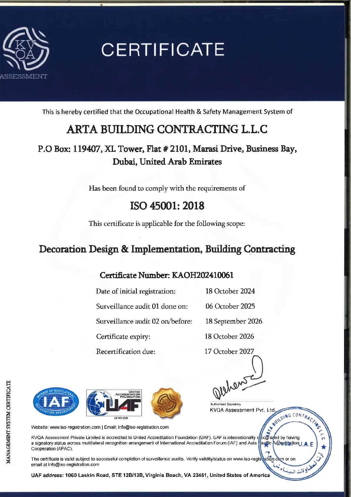 ISO 45001:2018 Occupational Health and Safety Management System certificate issued to Arta Building Contracting L.L.C.