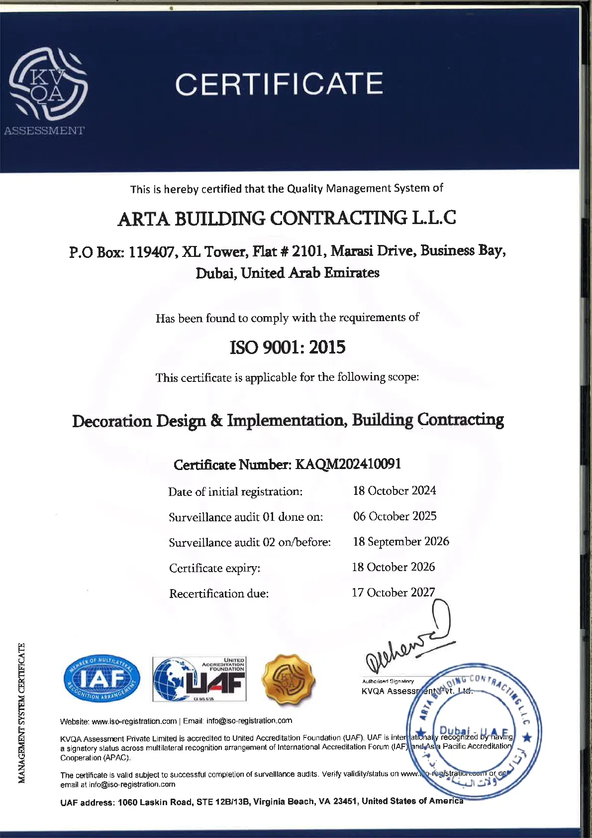 ISO 9001:2015 Quality Management System certificate issued to Arta Building Contracting L.L.C.