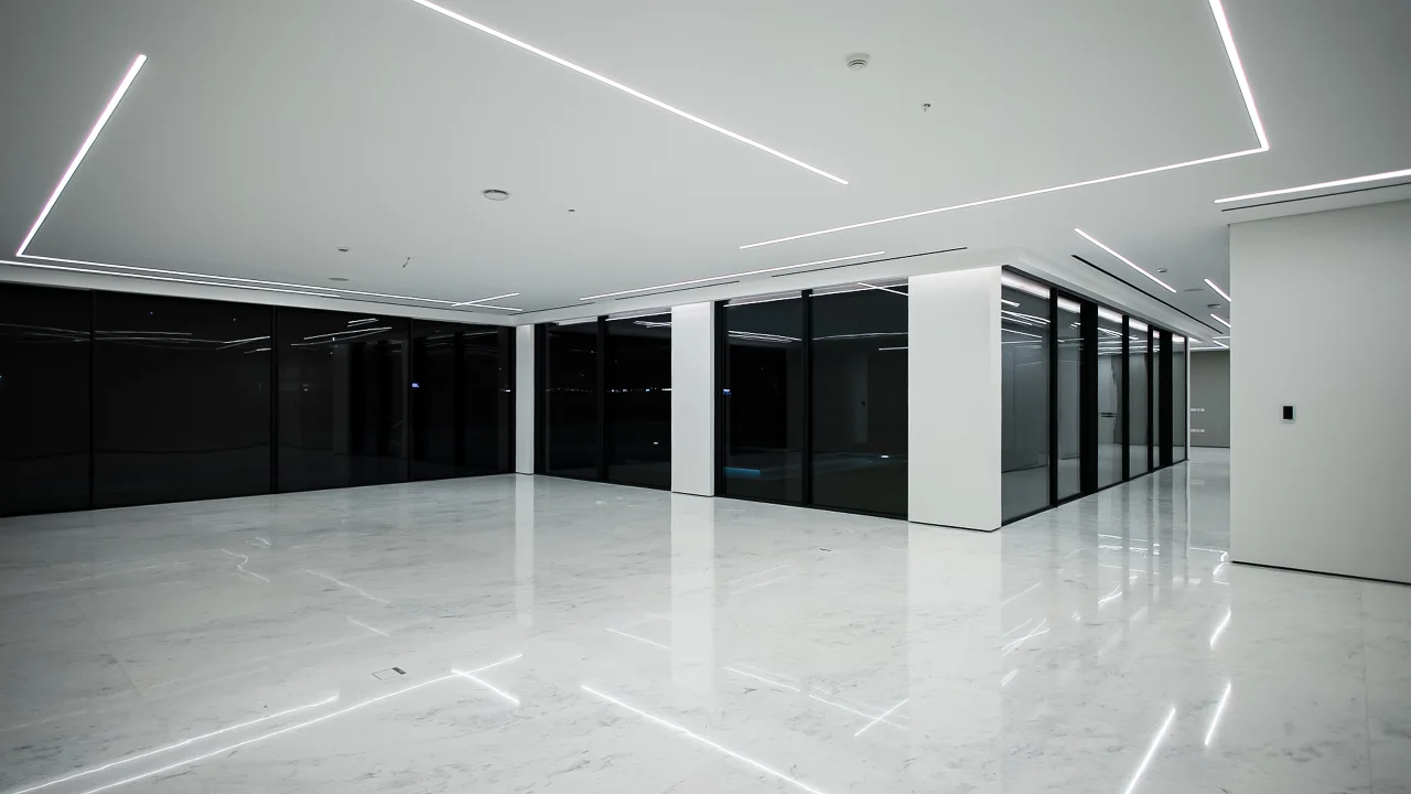 Large formal living room with polished white flooring, full-height pool-facing glazing and geometric ceiling lighting