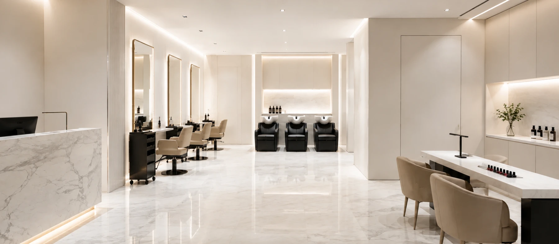 Beauty salon design in black ad white color scheme