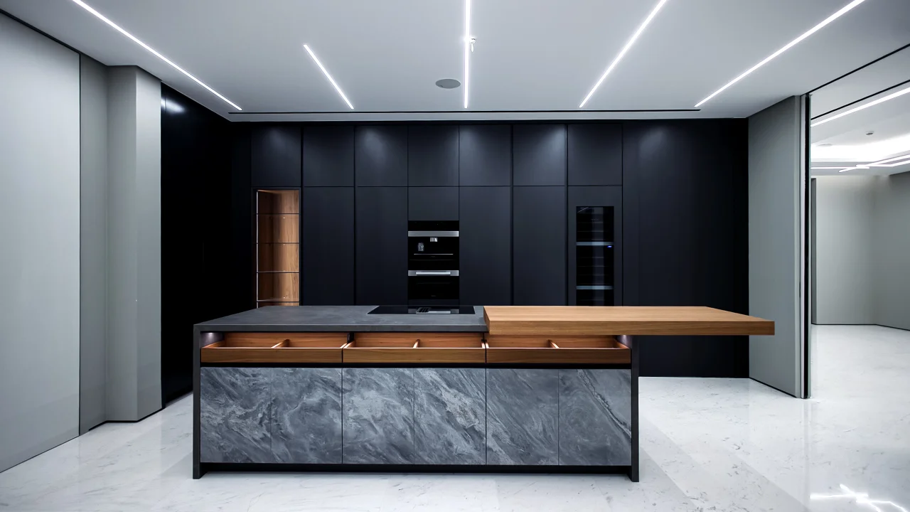 The villa show kitchen with full-height charcoal cabinetry, integrated appliances, stone island and projecting timber breakfast counter