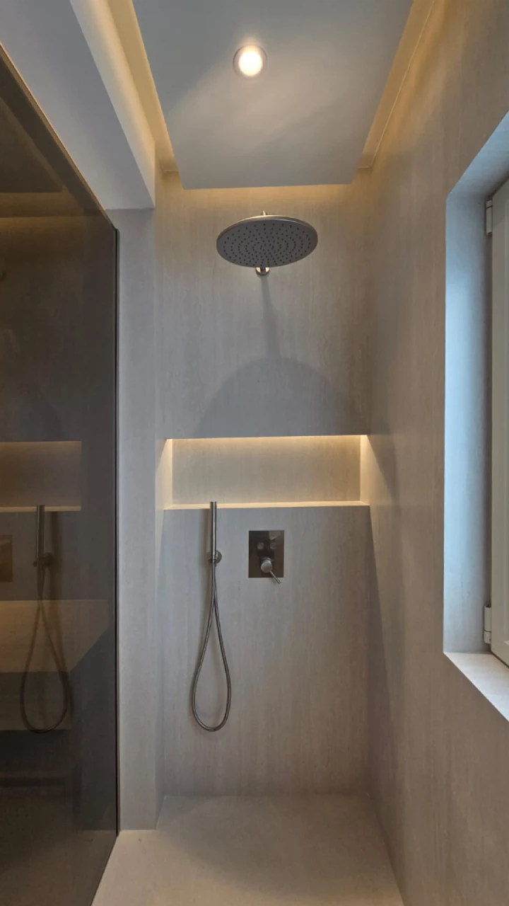Finished walk-in shower in renovated Meadows bathroom with rain shower, hand shower, window and illuminated niche